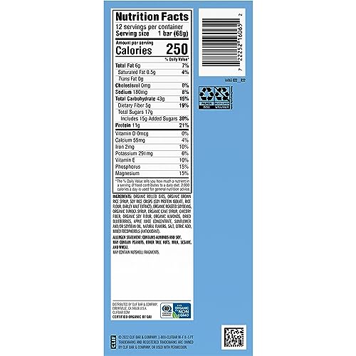 Clif Bar - Blueberry Almond Crisp - Made with Organic Oats - 11g Protein - Non-GMO - Plant Based - Energy Bars - 2.4 oz. (12 Pack)