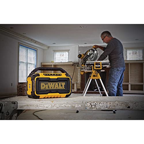 DEWALT 20V MAX Bluetooth Speaker, 100 ft Range, Durable for Jobsites, Phone Holder Included, Lasts 8-10 Hours with Single Charge (DCR010)