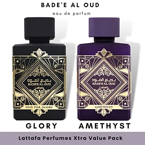 Lattafa Bade'e Al Oud 2-Piece Set for Unisex, (3.4 Oz Amethyst Eau De Parfum Spray + 3.4 Oz Oud for Glory Eau De Parfum Spray)