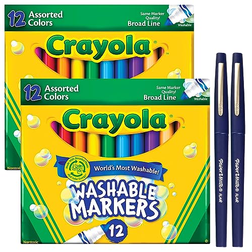 Crayloa Broad Line Markers for Kids Assorted Colors 2-Pack (24 Count) Classic Washable Markers for Classroom, School Supplies, Ages 3+ - Include Bonus 2 Medium Paper Mate Pens