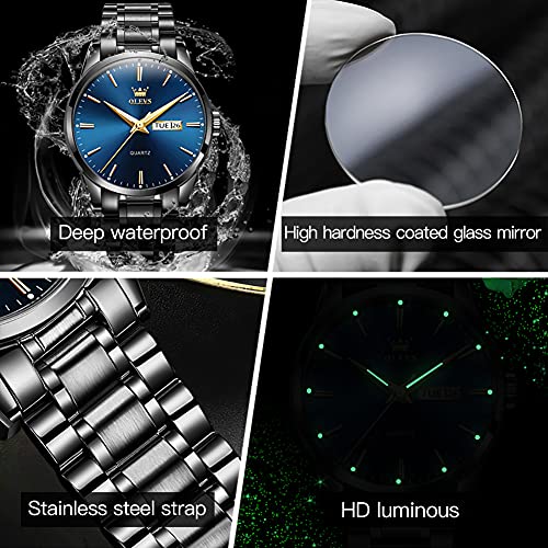 Day Date Watches Men,Black Steel Blue Men Watch,Big Face Men Watch,Luxury Men Watches,Black Steel Watch Man Waterproof,Luminous Men Watch,Male Watches,Men Dress Watch for Men,Classic Steel Wristwatch