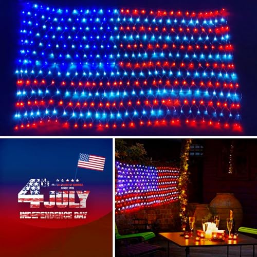 OZS American Flag Lights, 420LED Outdoor Waterproof Red White and Blue Led American Flag Net Light of The United States for Memorial Day, Independence Day, National Day, Veterans Day Decor(Plug in)