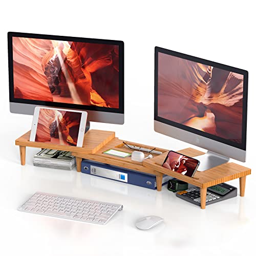 Pezin & Hulin Computer Monitor Stands for Desk, Dual Monitor Stand Riser, Desktop Oraganizer 3 Shelf with Storage, Adjustable Length and Angle, for Laptop, Screen, Printer, Bamboo