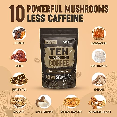 Mushroom Coffee Organic (60 Servings) 10 Mushrooms (Lion’s Mane, Cordyceps, Turkey Tail & Other) Mixed With Gourmet Arabica Instant Immune Boosting Coffee for Focus & Gut Health Support