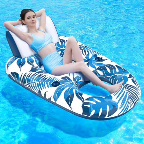 JCLEAL Pool Floats Lounger, Inflatable Pool Floaties Rafts Adult Extra Large Recliner Tanning Lounge Chair Water Floaty with Backrest Footrest Cup Holder for Swimming Pool Beach Lake and Vacation