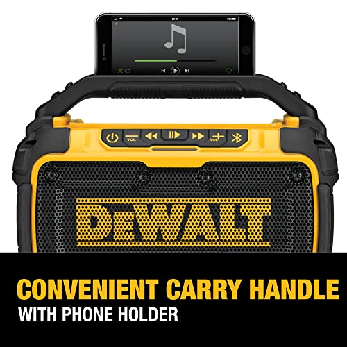 DEWALT 20V MAX Bluetooth Speaker, 100 ft Range, Durable for Jobsites, Phone Holder Included, Lasts 8-10 Hours with Single Charge (DCR010)