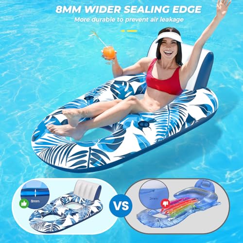 JCLEAL Pool Floats Lounger, Inflatable Pool Floaties Rafts Adult Extra Large Recliner Tanning Lounge Chair Water Floaty with Backrest Footrest Cup Holder for Swimming Pool Beach Lake and Vacation