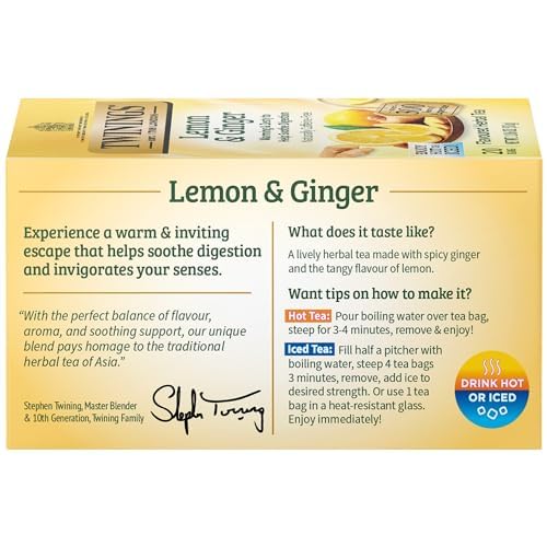 Twinings Lemon & Ginger Individually Wrapped Herbal Tea Bags, 20 Count (Pack of 6), Tangy Lemon, Spicy Ginger, Caffeine Free, Enjoy Hot or Iced