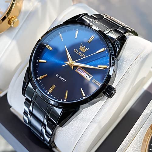 Day Date Watches Men,Black Steel Blue Men Watch,Big Face Men Watch,Luxury Men Watches,Black Steel Watch Man Waterproof,Luminous Men Watch,Male Watches,Men Dress Watch for Men,Classic Steel Wristwatch