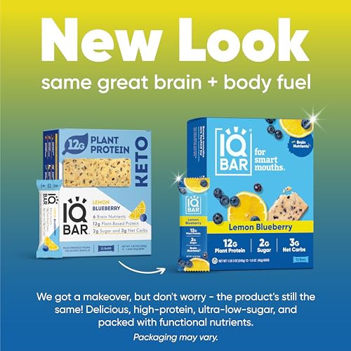 IQBAR Brain and Body Plant Protein Bars - Lemon Blueberry - 12 Count, Low Carb, High Fiber, Gluten Free, Healthy Vegan Snacks - Low Sugar Keto Bar