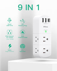 USB Outlet Extender Surge Protector - with Rotating Plug, 6 AC Multi Plug and 3 USB Ports (1 C), 1800 Joules, 3-Sided Swivel Power Strip Spaced Splitter for Home, Office, Travel