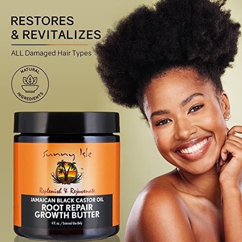 Sunny Isle Jamaican Black Castor Oil Root Repair Growth Butter 4oz | Restores & Revitalizes ALL Damaged Hair Types | Nutrient-Rich, Stimulates Hair Growth | Fights Dry, Itchy, Flaky Scalp