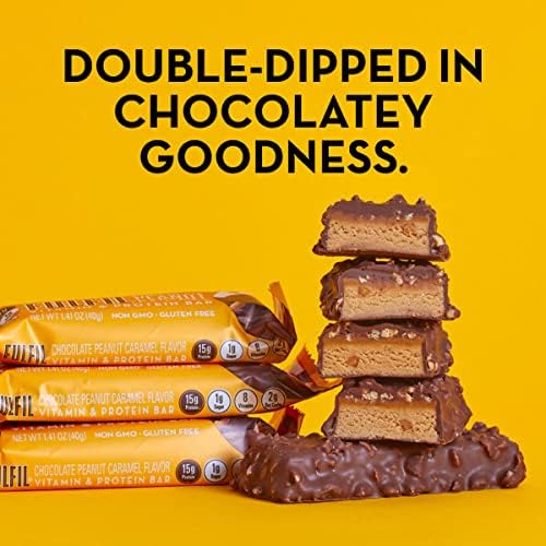 FULFIL Vitamin and Protein Bars, Chocolate Peanut and Caramel, Snack Sized Bar with 15 g Protein and 8 Vitamins Including Vitamin C, 12 Count