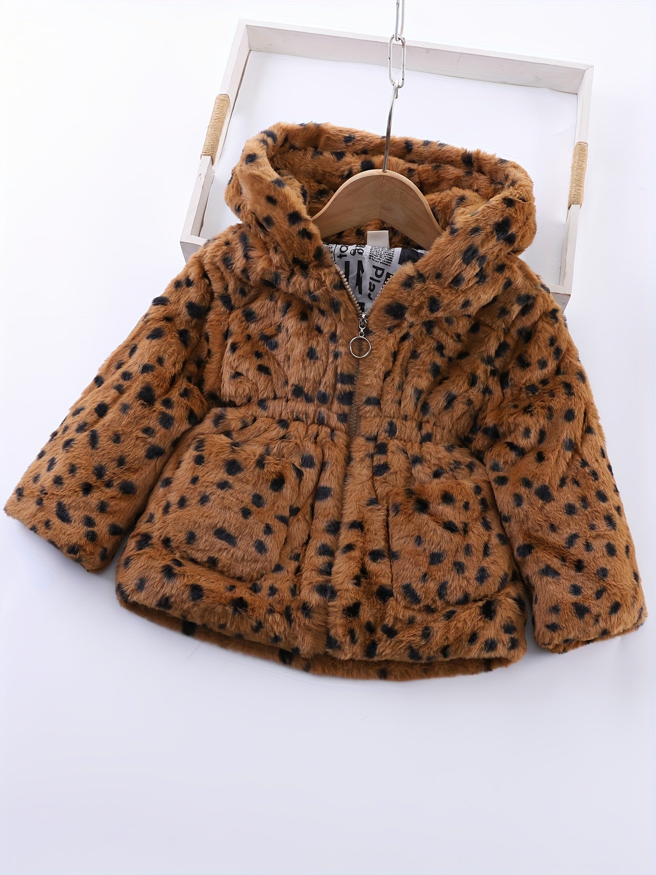 Winter Girl's Fleece Leopard Print Coat, Casual Hooded Jacket For Kids