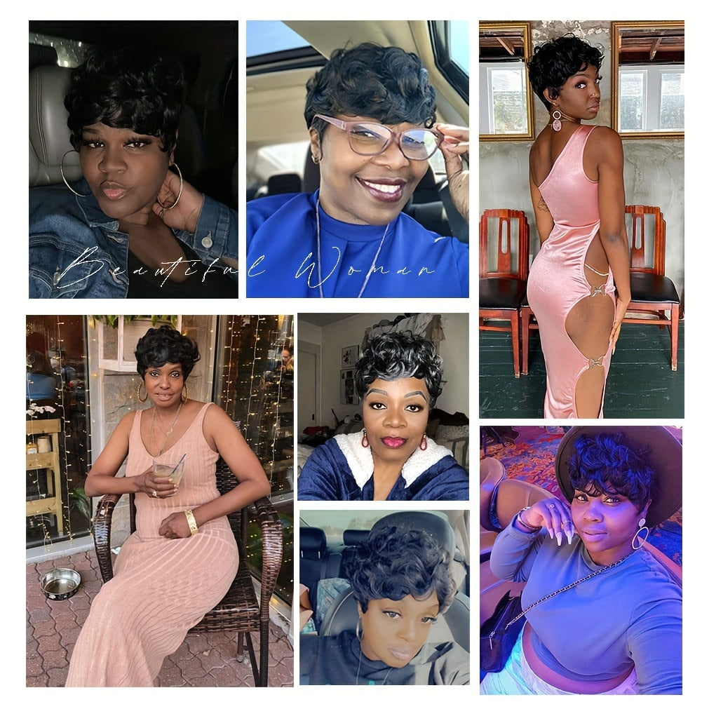 Flattering Pixie Cut Wig - Chic Bangs & Luxurious Curly Texture - Daring Black-Silver Blend Short Synthetic Wig with Dramatic Deep Wave - Effortlessly Layered Style for Women
