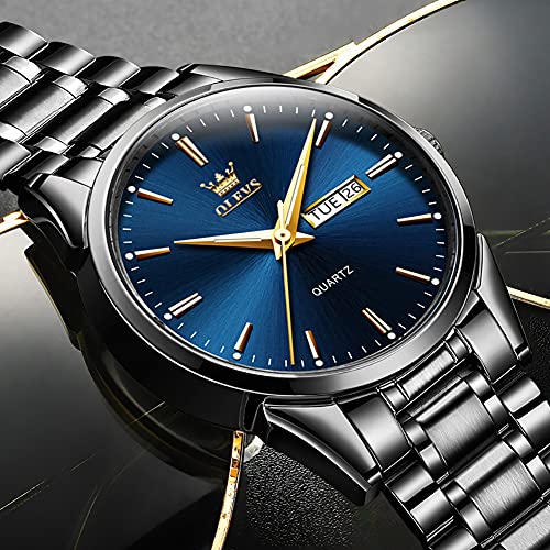 Day Date Watches Men,Black Steel Blue Men Watch,Big Face Men Watch,Luxury Men Watches,Black Steel Watch Man Waterproof,Luminous Men Watch,Male Watches,Men Dress Watch for Men,Classic Steel Wristwatch