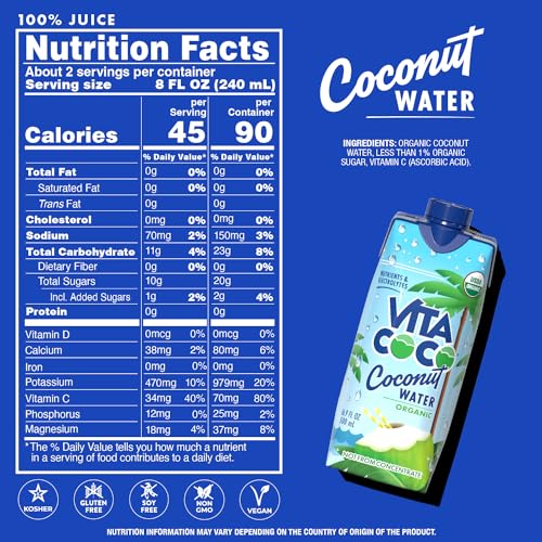 Vita Coco Coconut Water, Pure Organic | Refreshing Coconut Taste | Natural Electrolytes | Vital Nutrients | 16.9 Oz (Pack Of 12)