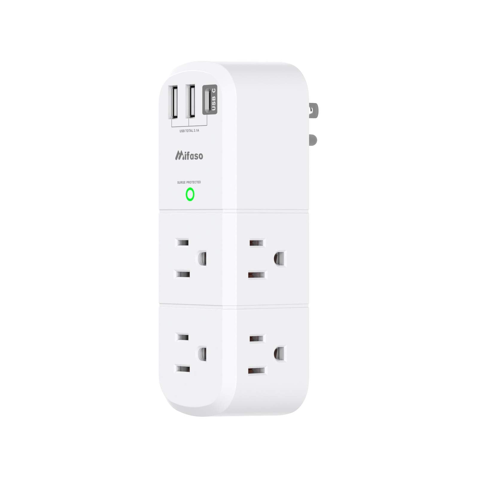 USB Outlet Extender Surge Protector - with Rotating Plug, 6 AC Multi Plug and 3 USB Ports (1 C), 1800 Joules, 3-Sided Swivel Power Strip Spaced Splitter for Home, Office, Travel