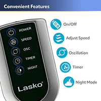 Lasko Oscillating Tower Fan, Quiet Fans with Remote, for Bedroom, Living Room, Office, Tower Fan with Remote, 3-Speed Timer, 42”, Silver T42951