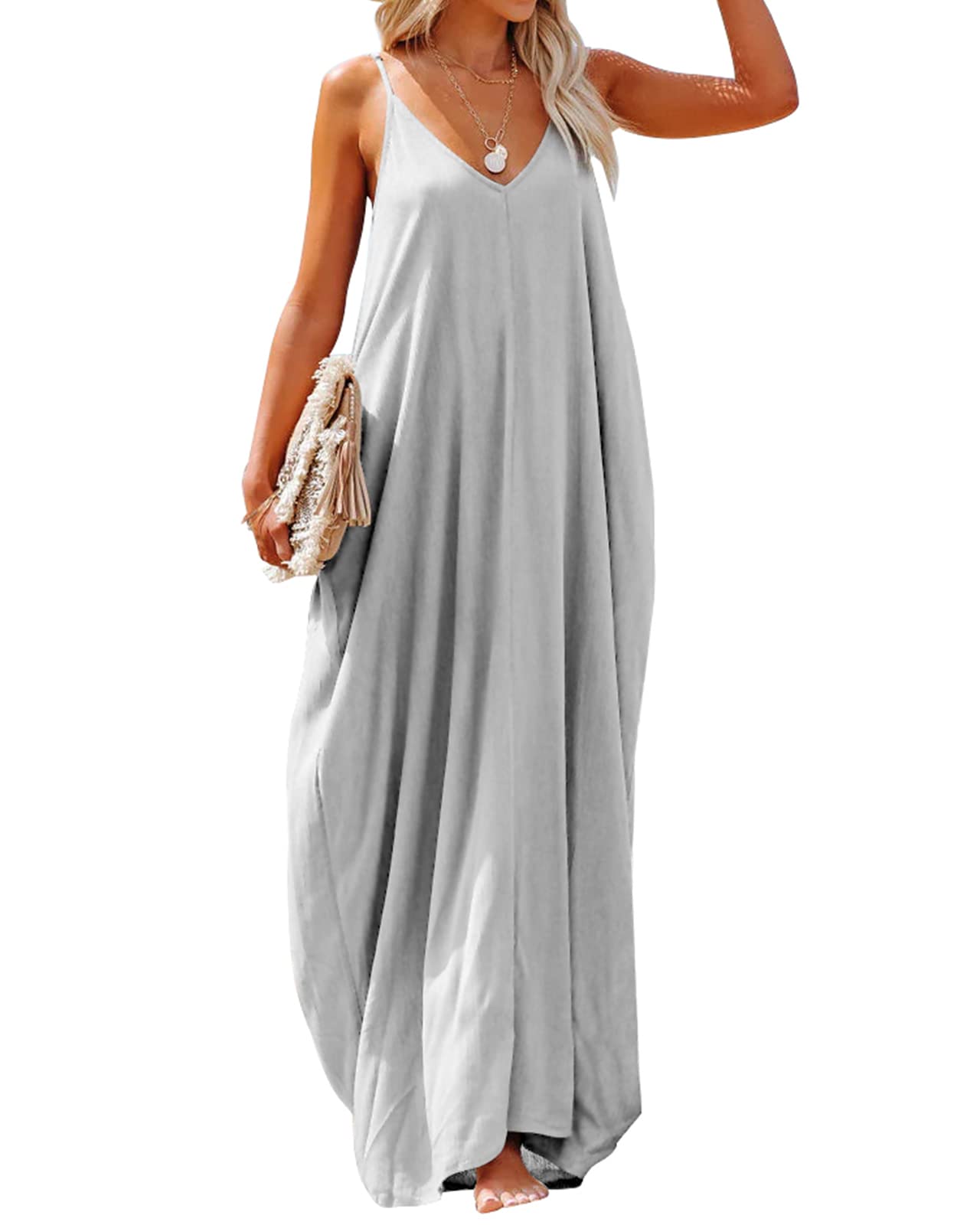 Poetsky Casual Dresses for Women Summer V Neck Sleeveless Long Dresses Light Grey L