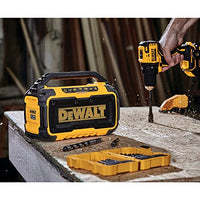 DEWALT 20V MAX Bluetooth Speaker, 100 ft Range, Durable for Jobsites, Phone Holder Included, Lasts 8-10 Hours with Single Charge (DCR010)