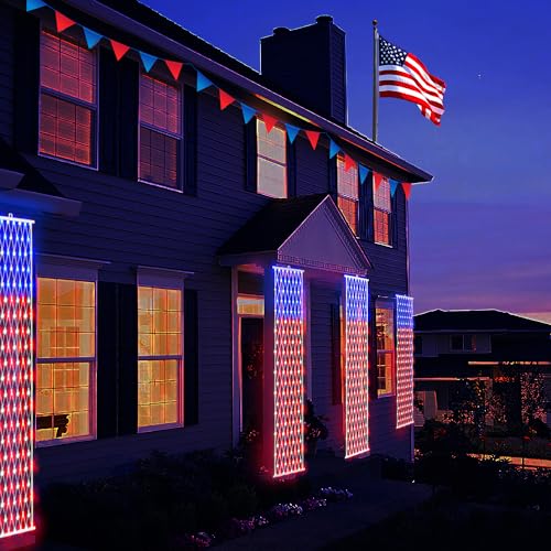 BlcTec 4th of July Decorations, 2 PCS American Flag Lights with 160 LED Red White Blue Lights, 8 Modes, Timer, Waterproof Patriotic Flag Banner for Independence Day, Memorial Day, July 4th Porch Décor