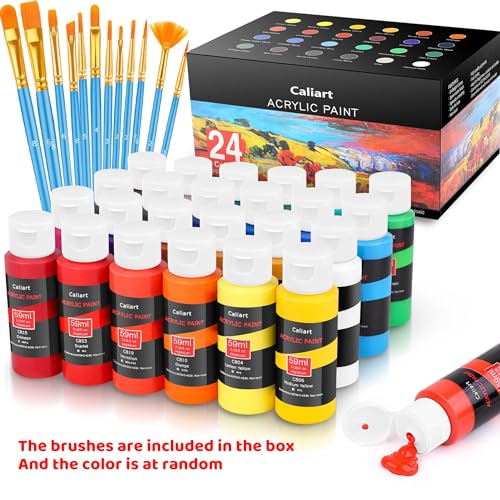 Caliart Acrylic Paint Set With 12 Brushes, 24 Colors (59ml, 2oz) Art Craft Paints Gifts for Artists Kids Beginners & Painters, Halloween Pumpkin Canvas Ceramic Rock Painting Kit Art Supplies