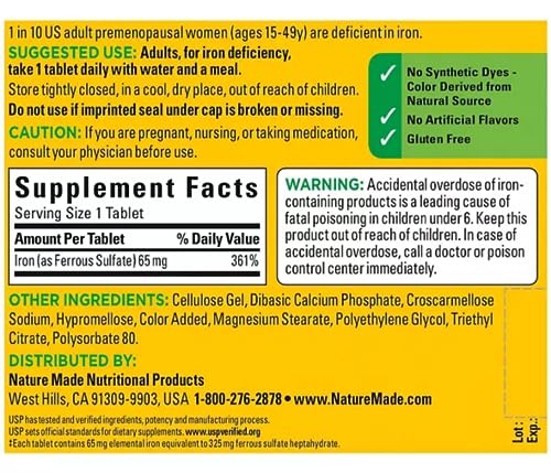 Nature Made Iron 65 mg (from Ferrous Sulfate) Tablets for Red Blood Cell Formation (365 ct.).