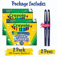 Crayloa Broad Line Markers for Kids Assorted Colors 2-Pack (24 Count) Classic Washable Markers for Classroom, School Supplies, Ages 3+ - Include Bonus 2 Medium Paper Mate Pens