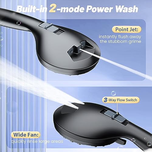 FASDUNT High Pressure Shower Head with Handheld, 8-mode Shower Heads with 80" Extra Long Stainless Steel Hose & Adjustable Bracket, Built-in Power Wash to Clean Tub, Tile & Pets - Black