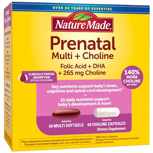 Nature Made Prenatal Vitamin Softgels + Choline Capsules, Folic Acid + DHA + Choline, 60 Prenatal Vitamins for Women, 60 Choline Supplements Capsules, 60 Day Supply