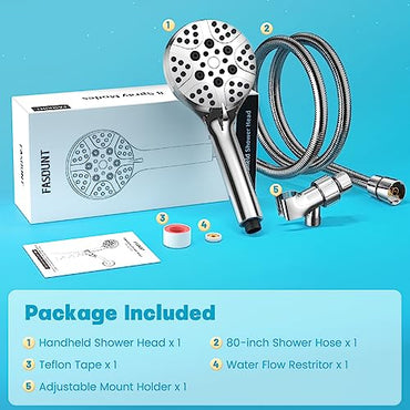 FASDUNT High Pressure Shower Head with Handheld, 8-mode Shower Heads with 80" Extra Long Stainless Steel Hose & Adjustable Bracket, Built-in Power Wash to Clean Tub, Tile & Pets - Chrome