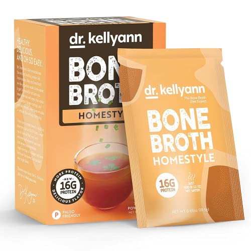 Dr. Kellyann Bone Broth Packets, Homestyle Chicken Flavor (7 Servings), Chicken Broth with 100% Grass-fed Hydrolyzed Collagen Peptides Powder, 16g Protein, Keto and Paleo Diet Friendly