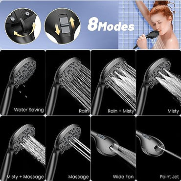 FASDUNT High Pressure Shower Head with Handheld, 8-mode Shower Heads with 80" Extra Long Stainless Steel Hose & Adjustable Bracket, Built-in Power Wash to Clean Tub, Tile & Pets - Black