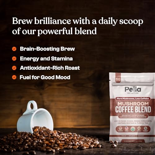 Organic Low-Caffeine Mushroom Coffee (60 Servings) with 7 Superfood Mushrooms, Great Tasting Colombian Instant Coffee, Includes Lion's Mane, Reishi, Chaga, Cordyceps, Shiitake, Maitake, and Turkey Tail