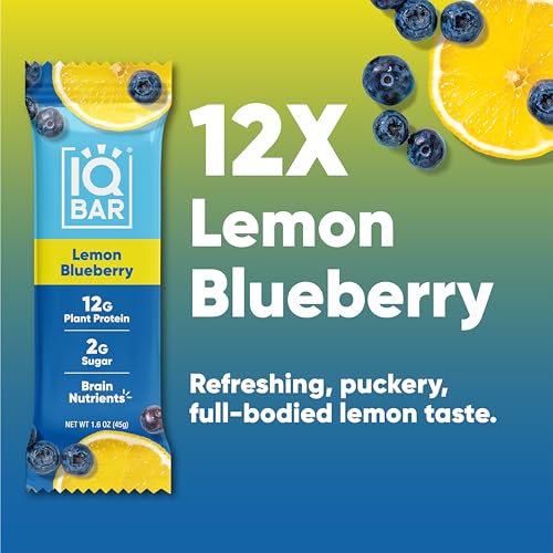 IQBAR Brain and Body Plant Protein Bars - Lemon Blueberry - 12 Count, Low Carb, High Fiber, Gluten Free, Healthy Vegan Snacks - Low Sugar Keto Bar