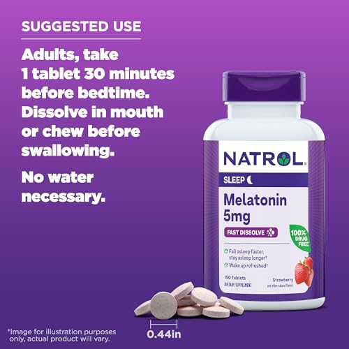 Natrol Sleep Melatonin 5mg Fast Dissolve Tablets, Nighttime Sleep Aid for Adults, 150 Strawberry-Flavored Melatonin Tablets, 150 Day Supply