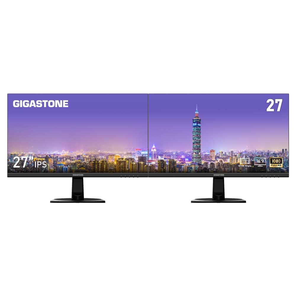 Gigastone 27 inch IPS LED Back Light Monitor 2-Pack 75Hz FHD 1920 x 1080, 178° Wide View Frameless, Dual Monitor, 5ms, Built-in Speakers, Eye Care Technology, Ergonomic Tilt VESA Mount, HDMI VGA