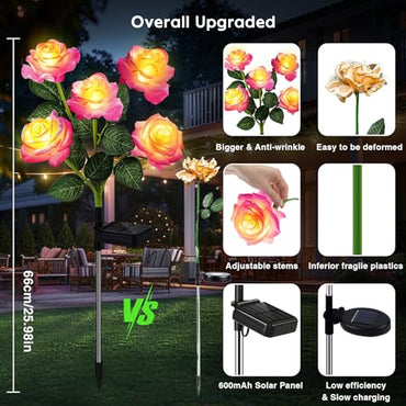 Solar Lights Outdoor Waterproof, 4 Pack Solar Garden Lights Outside, Outdoor Solar Lights for Yard with 20 Rose Solar Flowers Lights, Garden Lights Solar Powered Waterproof Yard Decorations Outdoor