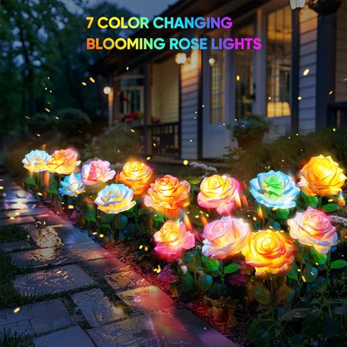 Solar Lights Outdoor Waterproof, 4 Pack Solar Garden Lights Outside, Outdoor Solar Lights for Yard with 20 Rose Solar Flowers Lights, Garden Lights Solar Powered Waterproof Yard Decorations Outdoor