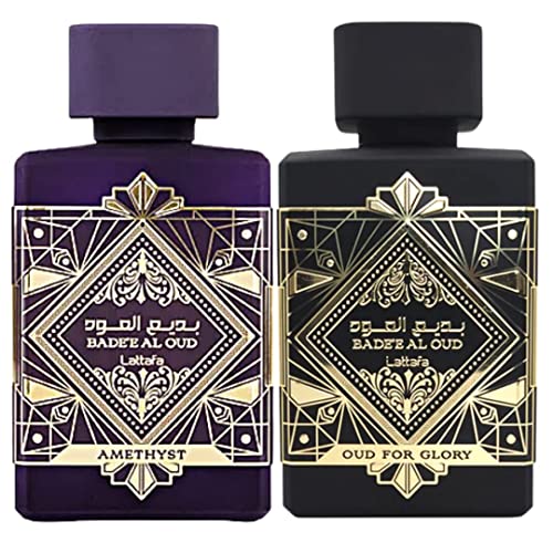 Lattafa Bade'e Al Oud 2-Piece Set for Unisex, (3.4 Oz Amethyst Eau De Parfum Spray + 3.4 Oz Oud for Glory Eau De Parfum Spray)