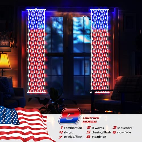 BlcTec 4th of July Decorations, 2 PCS American Flag Lights with 160 LED Red White Blue Lights, 8 Modes, Timer, Waterproof Patriotic Flag Banner for Independence Day, Memorial Day, July 4th Porch Décor