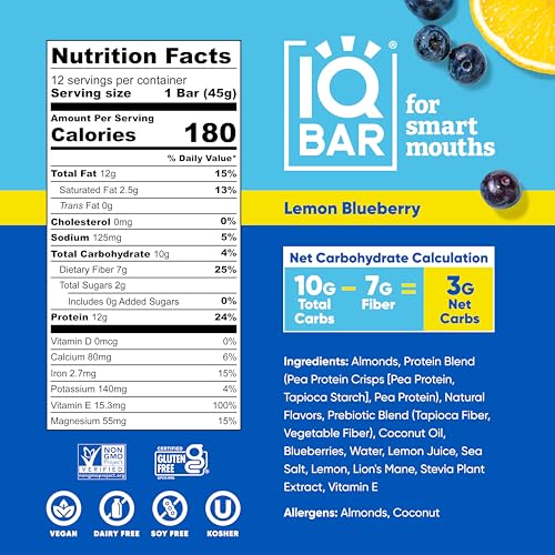 IQBAR Brain and Body Plant Protein Bars - Lemon Blueberry - 12 Count, Low Carb, High Fiber, Gluten Free, Healthy Vegan Snacks - Low Sugar Keto Bar