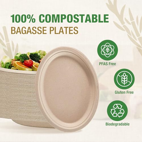 VIVOSPROUT Disposable Compostable Paper Plates 9 Inch [125-Pack], Heavy Duty, Eco-Friendly made with Biodegradable Bagasse for Parties and Picinic, (Natural-Brown)
