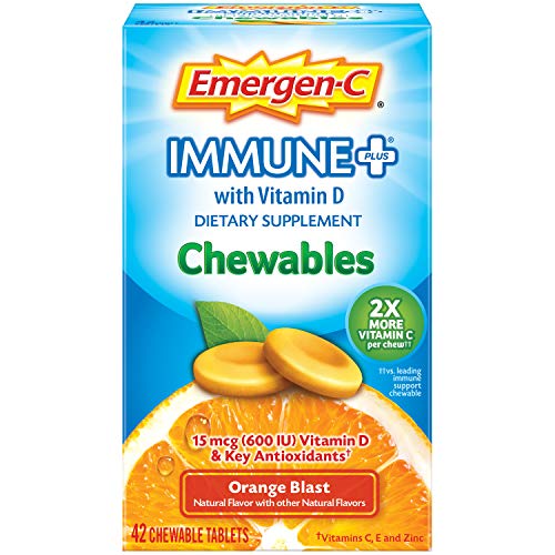 Emergen-C Immune+ Chewables 1000mg Vitamin C with Vitamin D Tablet, Immune Support Dietary Supplement for Immunity, Orange Blast Flavor - 42 Count