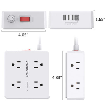 Surge Protector Power Strip - 6 Ft Flat Plug Extension Cord with 8 Widely Outlets and 4 USB Ports(1 USB C), 3 Side Outlet Extender for Home Office, White, ETL Listed