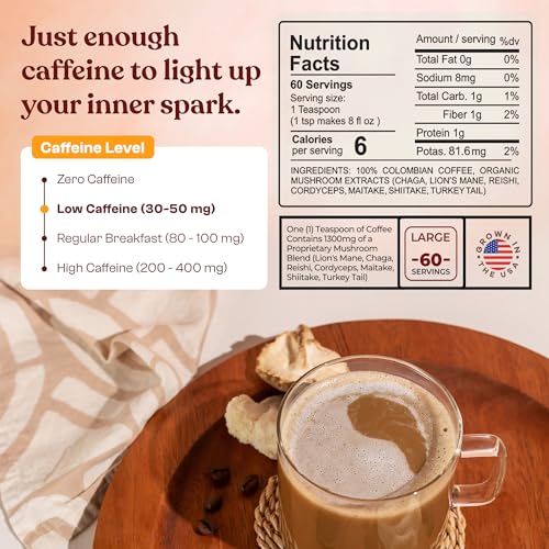 Organic Low-Caffeine Mushroom Coffee (60 Servings) with 7 Superfood Mushrooms, Great Tasting Colombian Instant Coffee, Includes Lion's Mane, Reishi, Chaga, Cordyceps, Shiitake, Maitake, and Turkey Tail