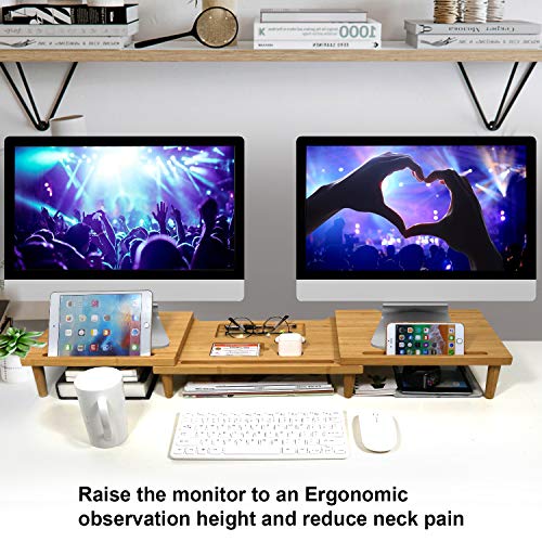 Pezin & Hulin Computer Monitor Stands for Desk, Dual Monitor Stand Riser, Desktop Oraganizer 3 Shelf with Storage, Adjustable Length and Angle, for Laptop, Screen, Printer, Bamboo