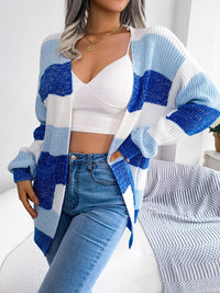 Striped Colorblock V-neck Cardigans, Casual Loose Drop Shoulder Long Sleeve Fall Winter Knit Cardigan, Women's Clothing