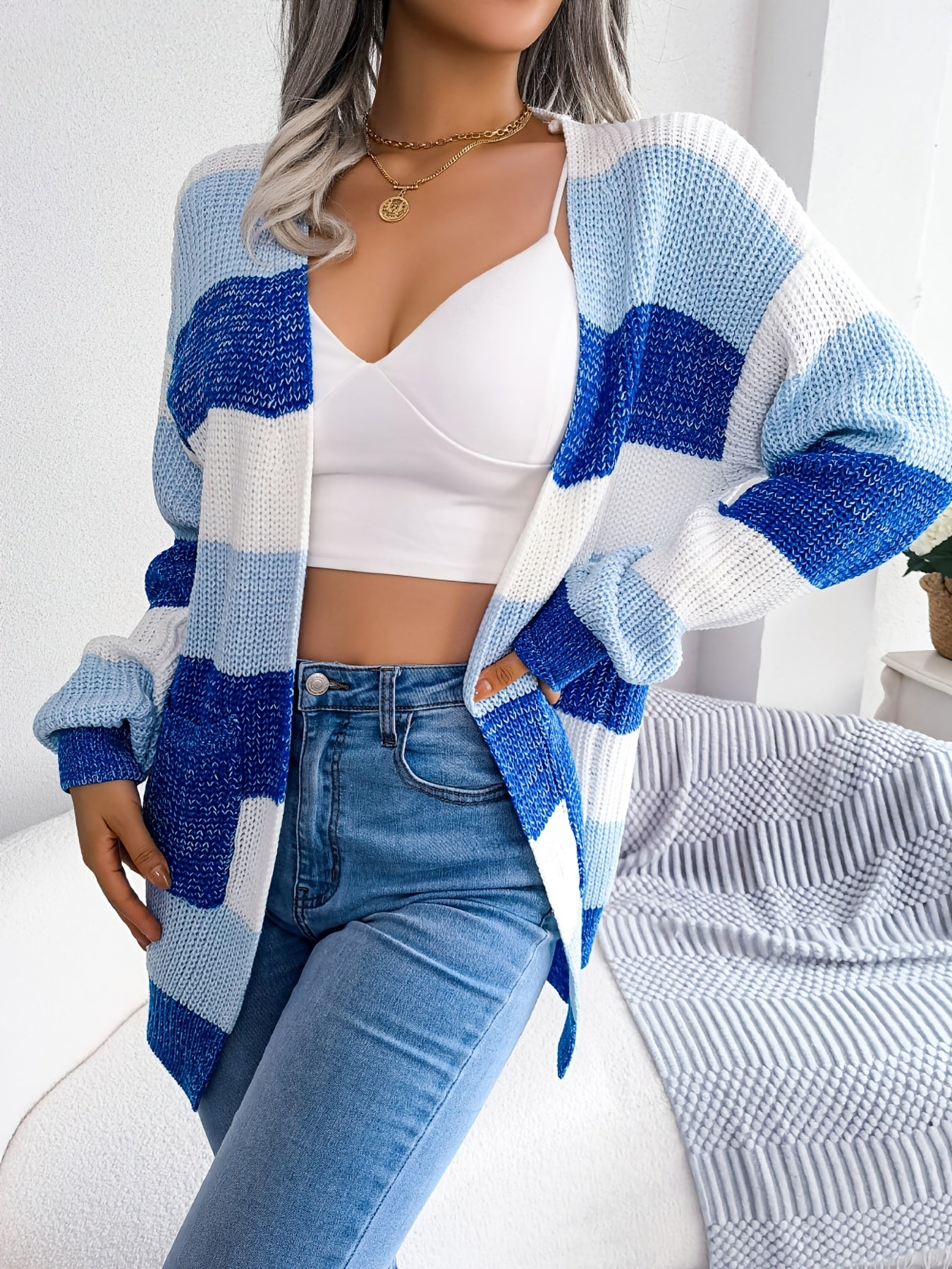 Striped Colorblock V-neck Cardigans, Casual Loose Drop Shoulder Long Sleeve Fall Winter Knit Cardigan, Women's Clothing